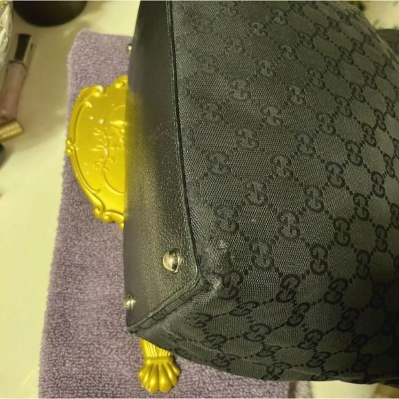 GUCCI  BLACK  ECLIPSE  Monogram  Fabric & LEATHER Tote Bag Carryall  Large - Picture 5 of 12